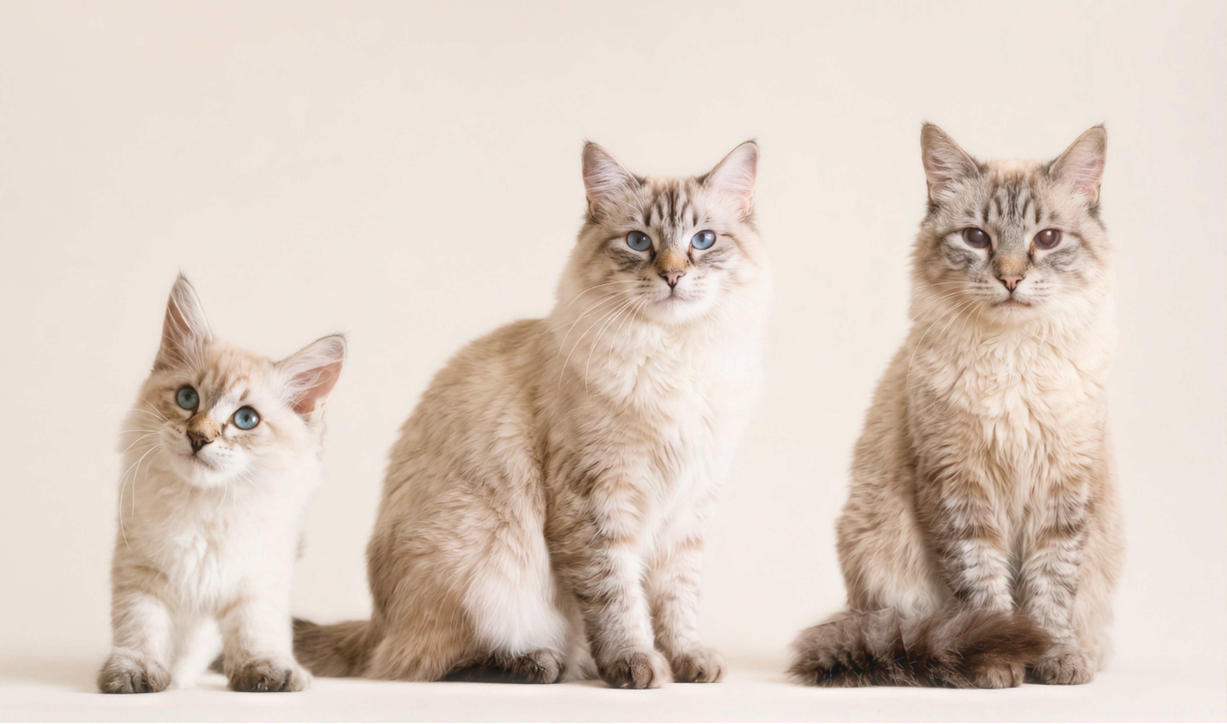A kitten, an adult cat and a senior cat sitting side by side
